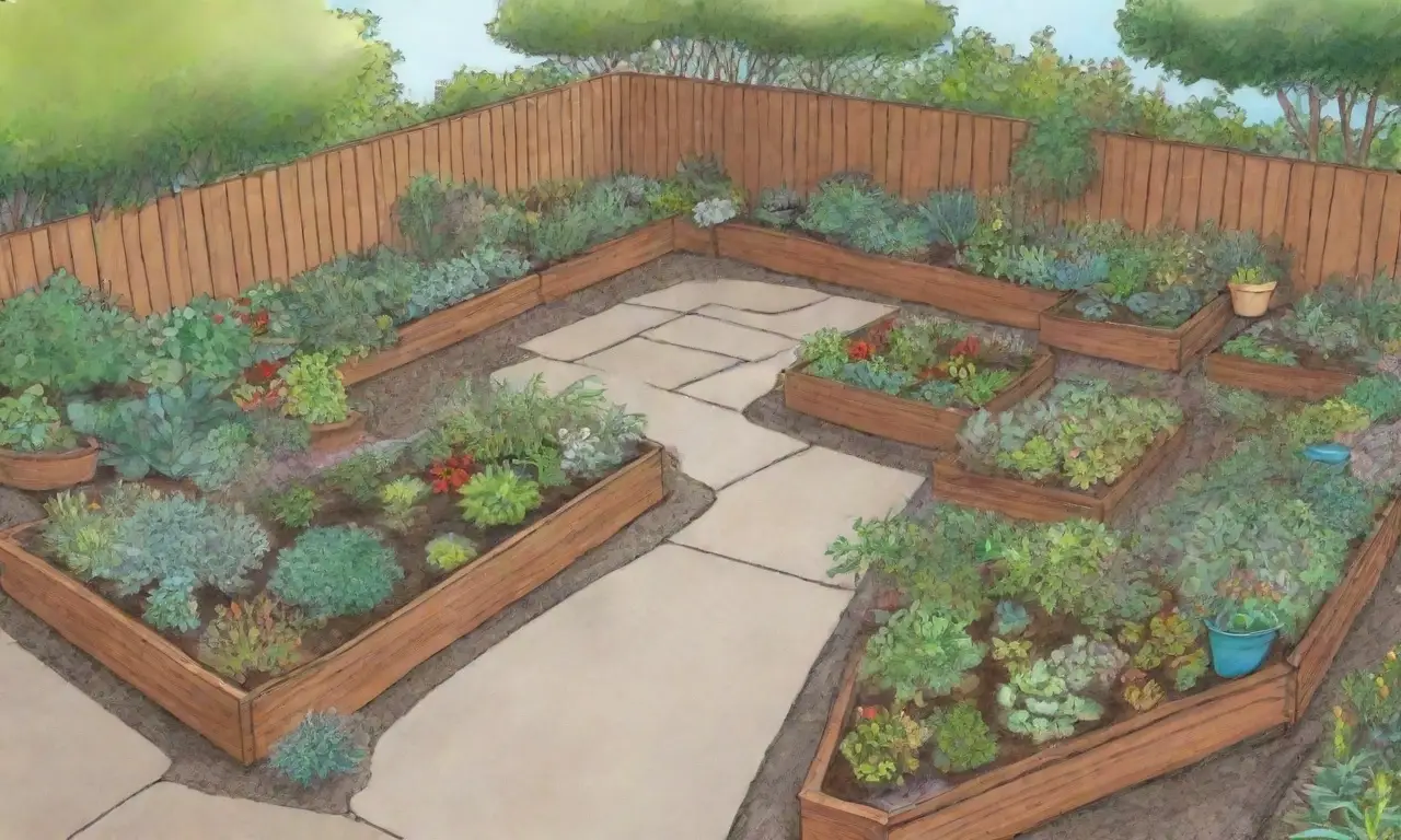 Un jardín sereno con vegetación, camas de cultivo, plantas diversas y zonas de sombra