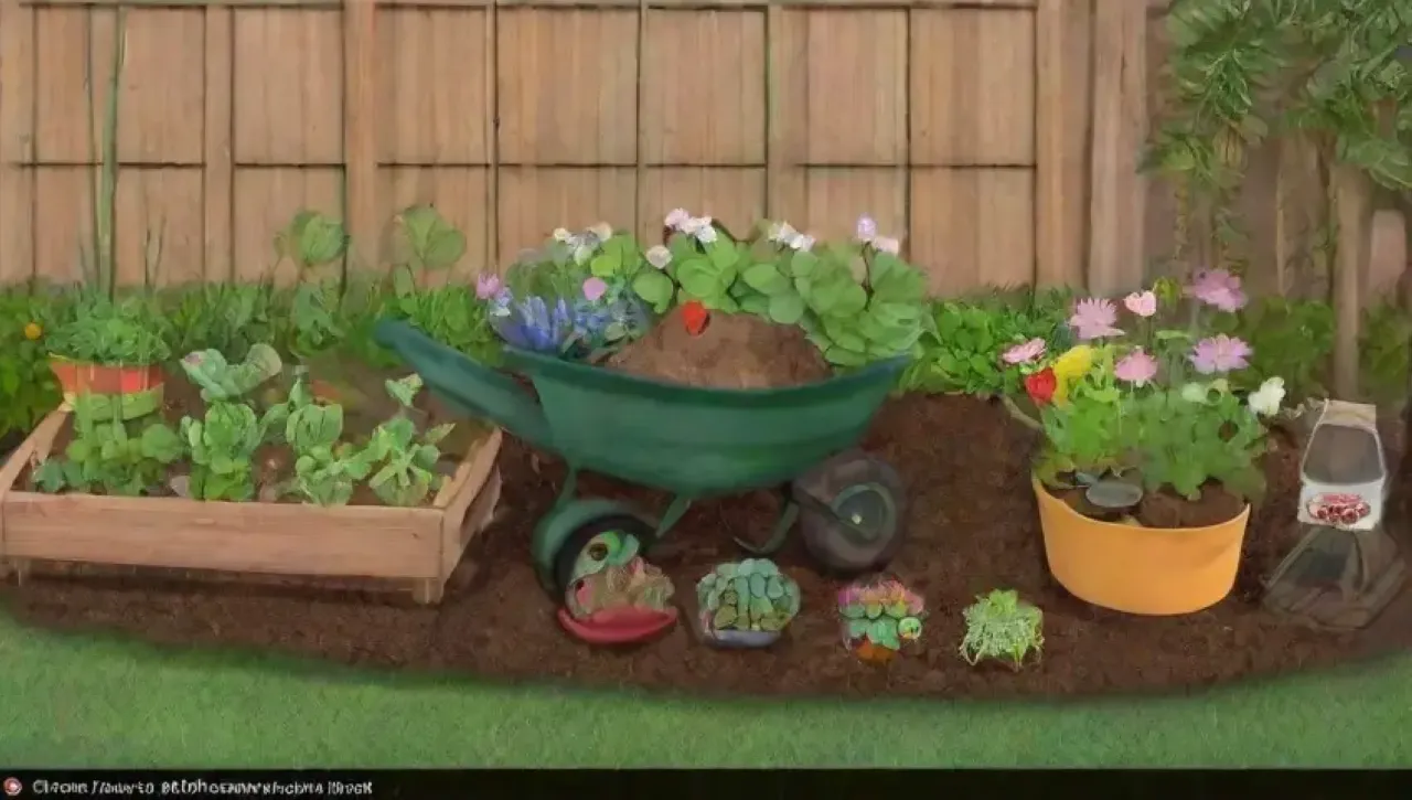 Un jardín vibrante con herramientas, plantas, tecnología y naturaleza en armonía
