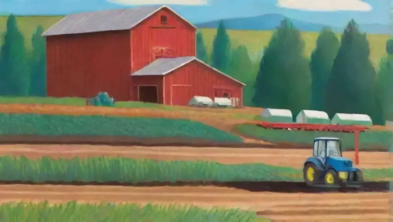 Un paisaje agrícola vibrante con cultivos, maquinaria, y un cielo azul