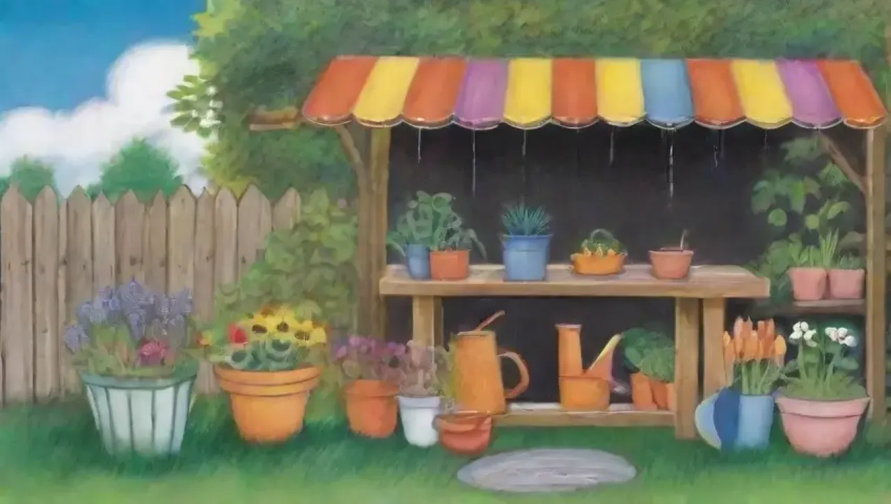 Un jardín vibrante con hojas verdes, flores coloridas, risas de niños y un arcoíris en el cielo