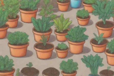 Ilustraciones coloridas y niños plantando verduras en un soleado jardín