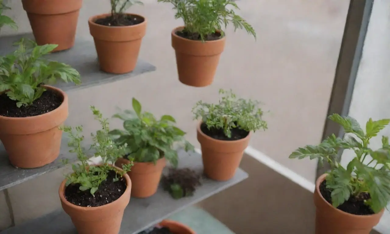 Plantas coloridas en pequeños maceteros para cultivos sostenibles en balcón