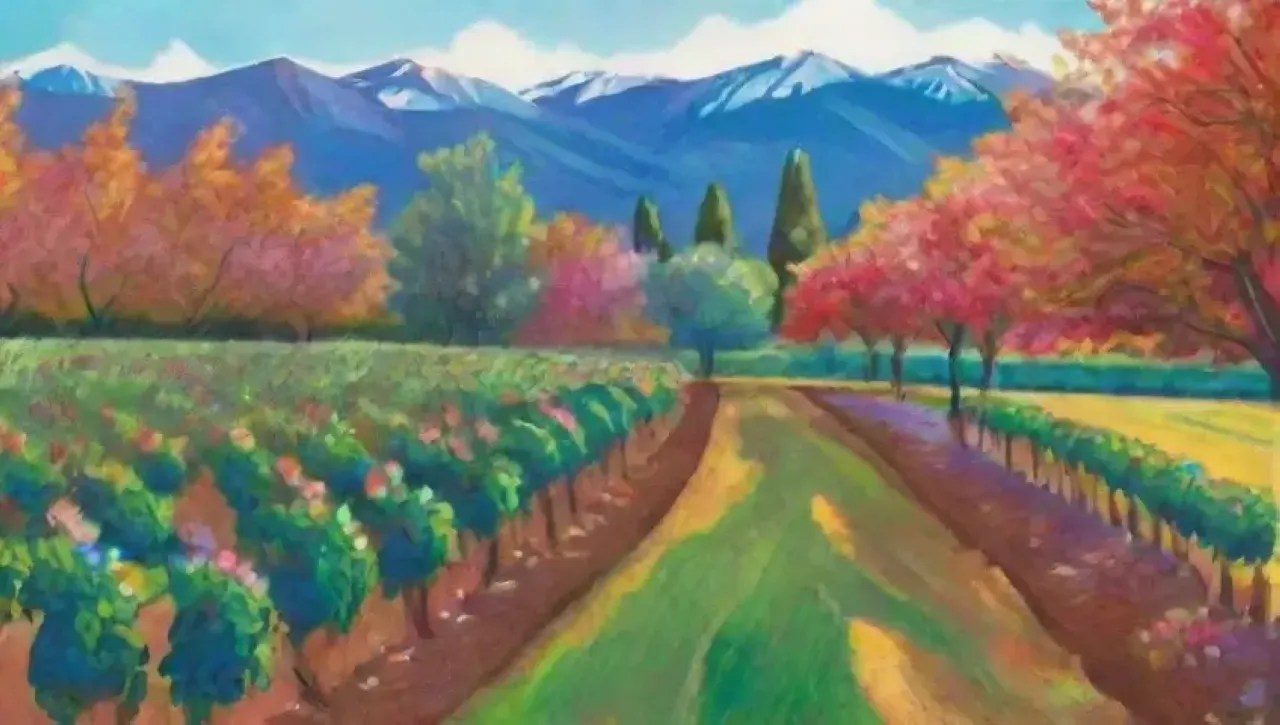 Un paisaje vibrante de naturaleza con árboles frutales, agua brillante y vida en armonía