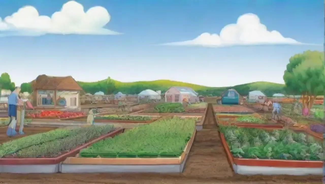 Un paisaje agrícola vibrante con comunidades unidas, cultivos diversos y prácticas sostenibles