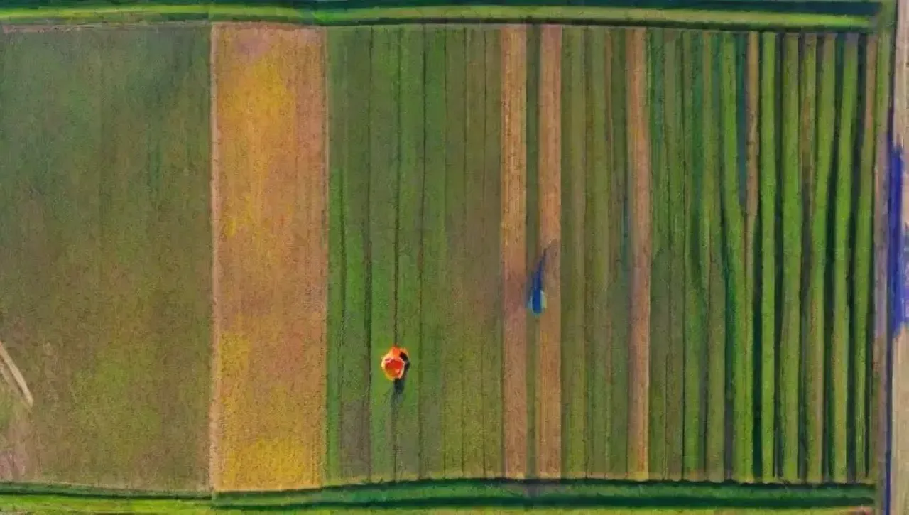 Un campo vibrante con cultivos verdes, drones sobrevolando, tecnología y naturaleza en armonía