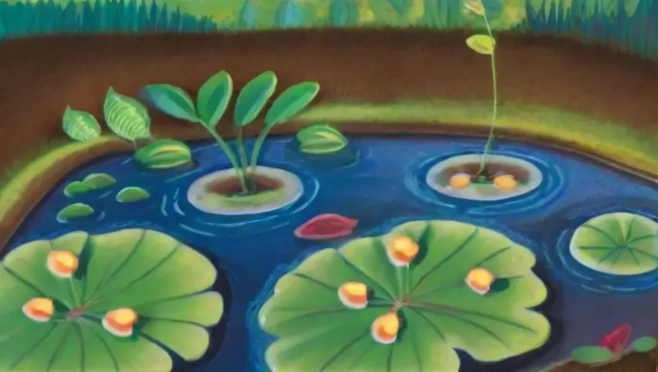 Un paisaje sereno con un fondo azul vibrante, agua fluyendo, plantas verdes y un sistema de riego intrincado