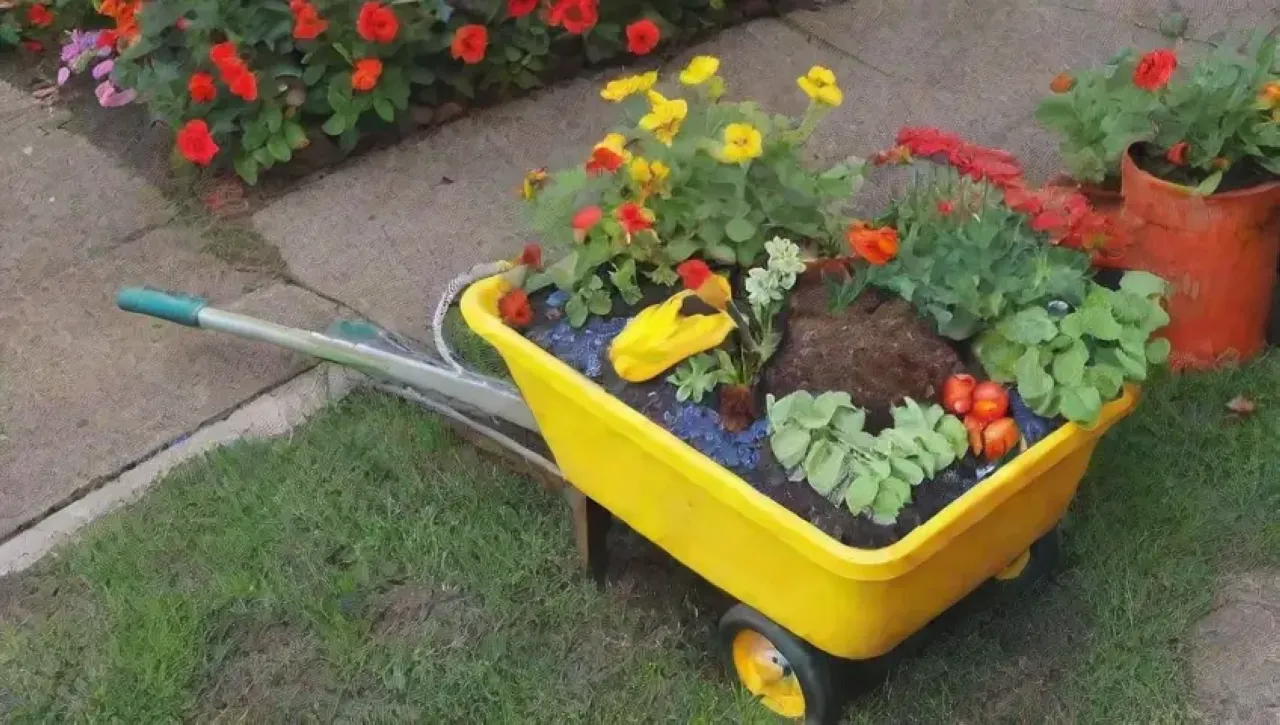 Un jardín vibrante y acogedor lleno de plantas, herramientas y colores