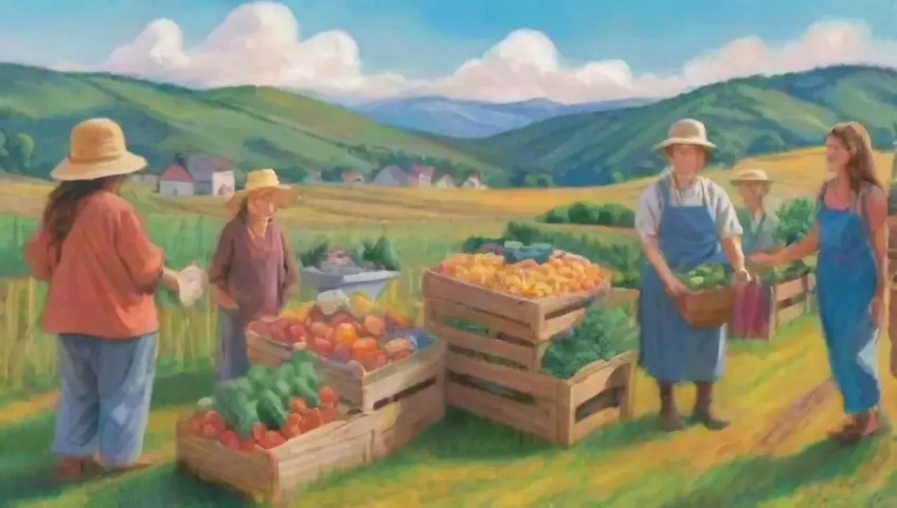 Campos verdes vibrantes con cultivos soleados, agricultores sonrientes y una comunidad unida en armonía con la naturaleza