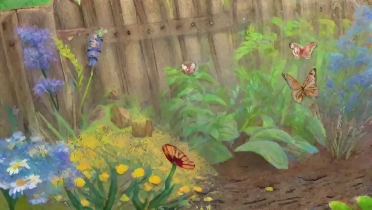 Un jardín de verano vibrante con flores, insectos y colores brillantes
