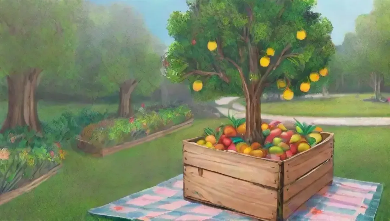 Un jardín vibrante y saludable con frutas, flores, niños jugando y una atmósfera de abundancia
