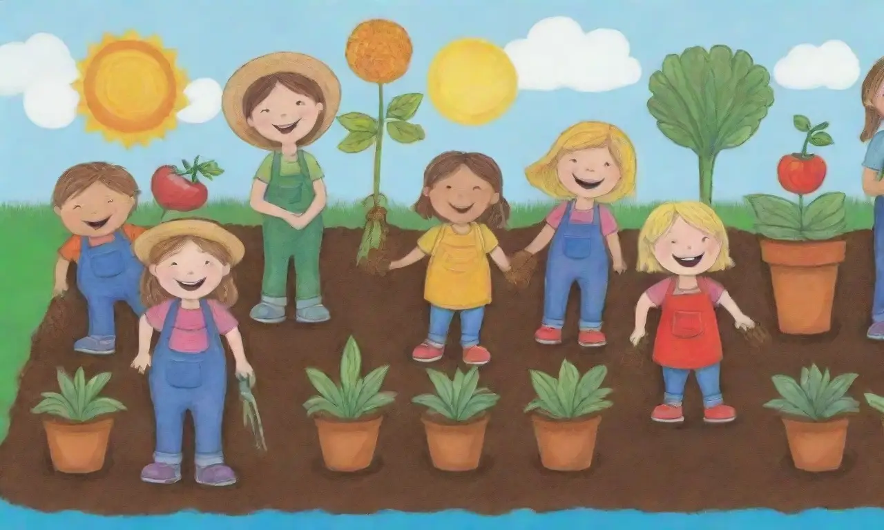 Niños se divierten en el jardín con verduras coloridas y trabajo en equipo