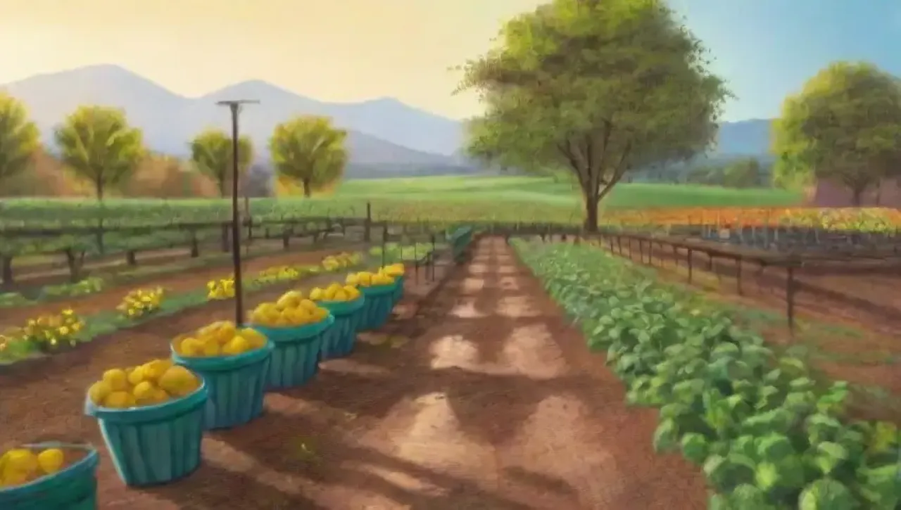 Un paisaje rural vibrante y armonioso con campos verdes, árboles frutales y luz dorada al atardecer