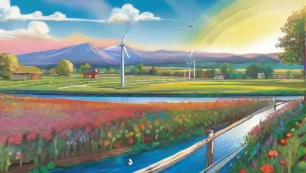 Un paisaje armonioso de campos verdes, energía renovable y naturaleza vibrante