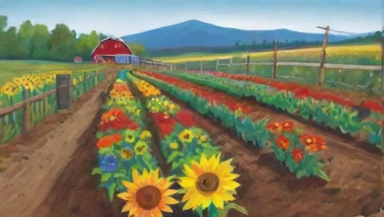 Campos verdes vibrantes con cultivos, flores, insectos y agricultores en armonía con la naturaleza