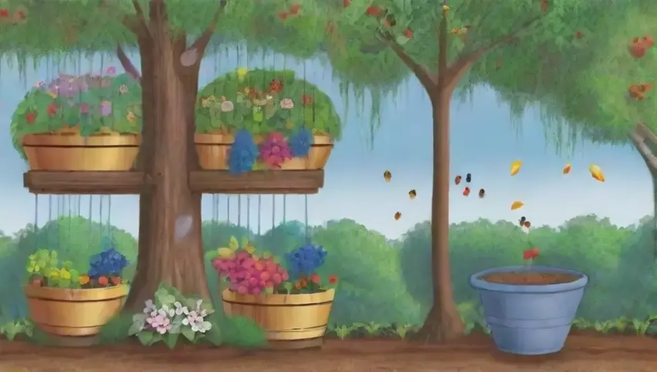 Un jardín vibrante y floreciente con frutas, flores y naturaleza en armonía