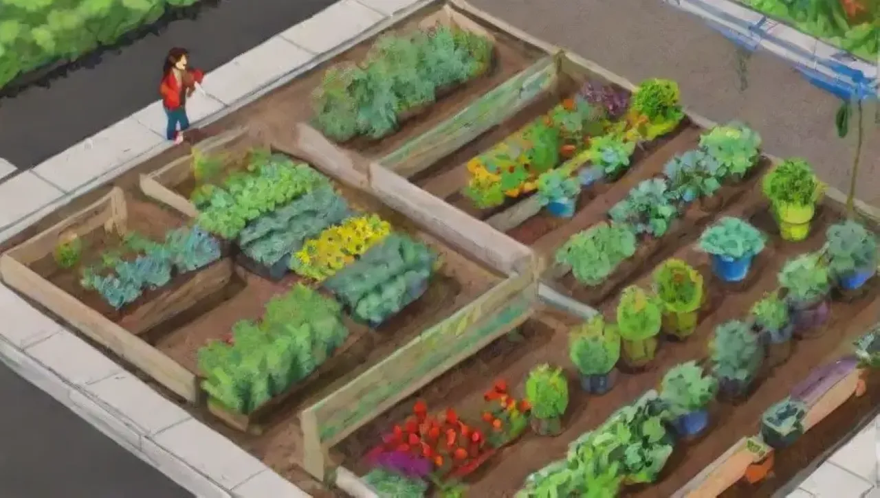 Un vibrante oasis urbano de jardines, cultivos y comunidad florece entre el concreto