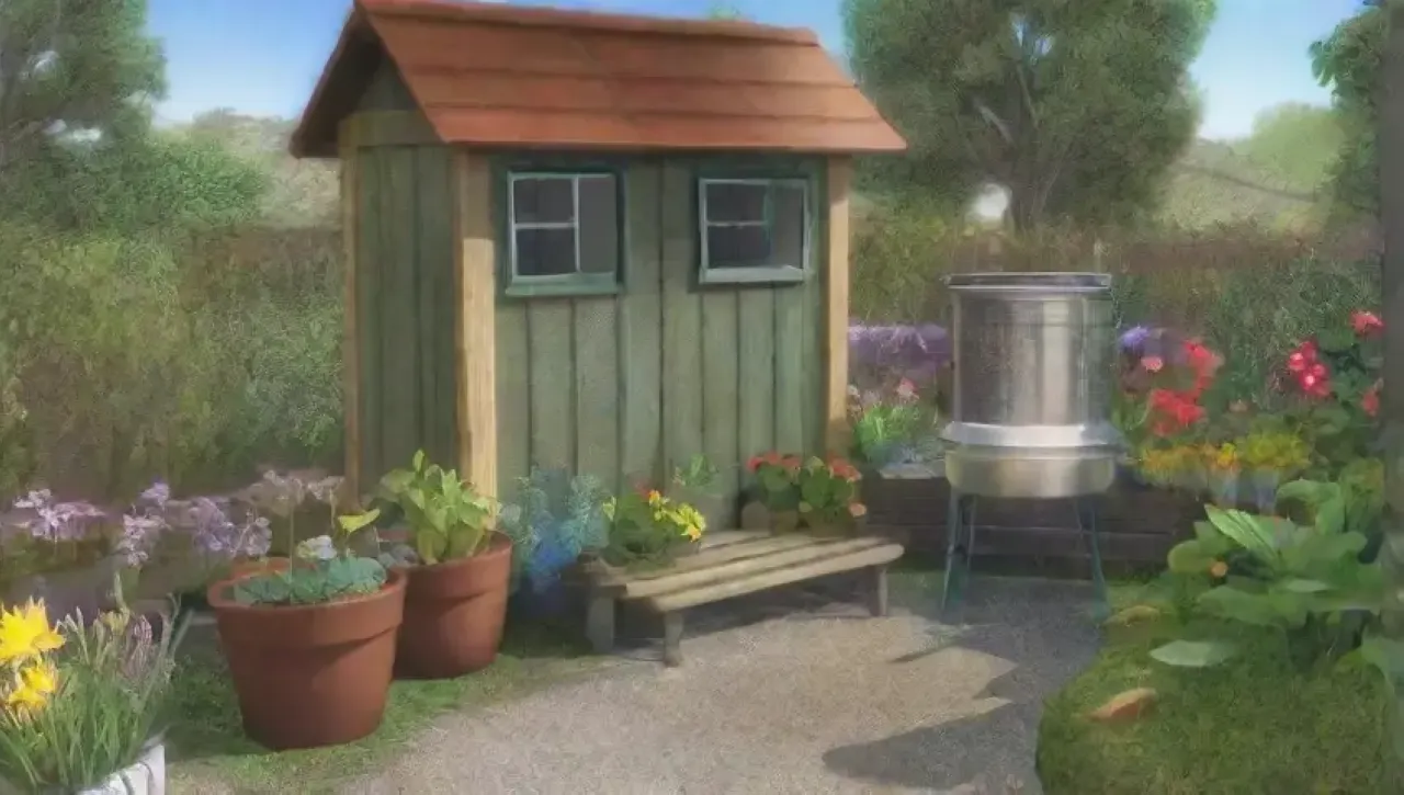 Un jardín vibrante y sereno con plantas, flores, agua y un ambiente acogedor