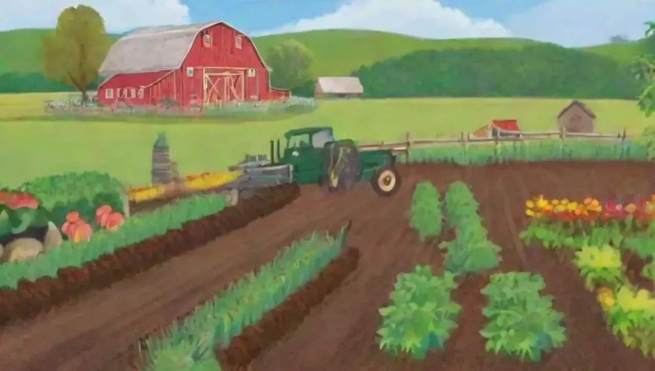 Un paisaje agrícola vibrante y armonioso con cultivos, flores y vida silvestre