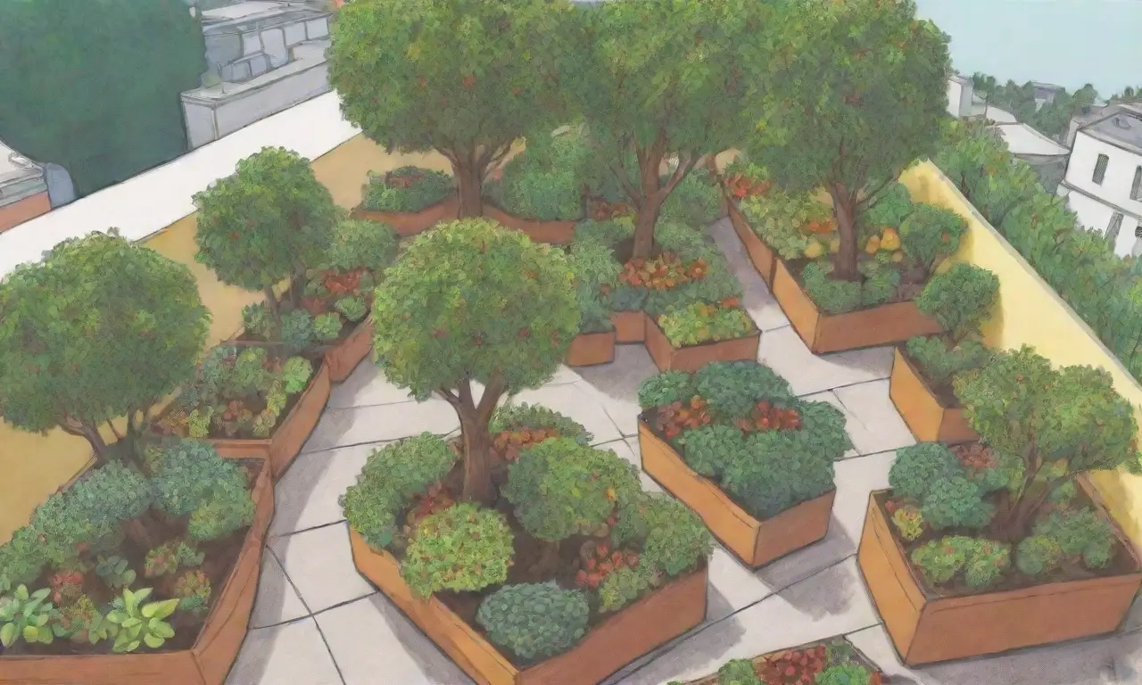 Jardín urbano diverso y vibrante con árboles frutales y guías simples