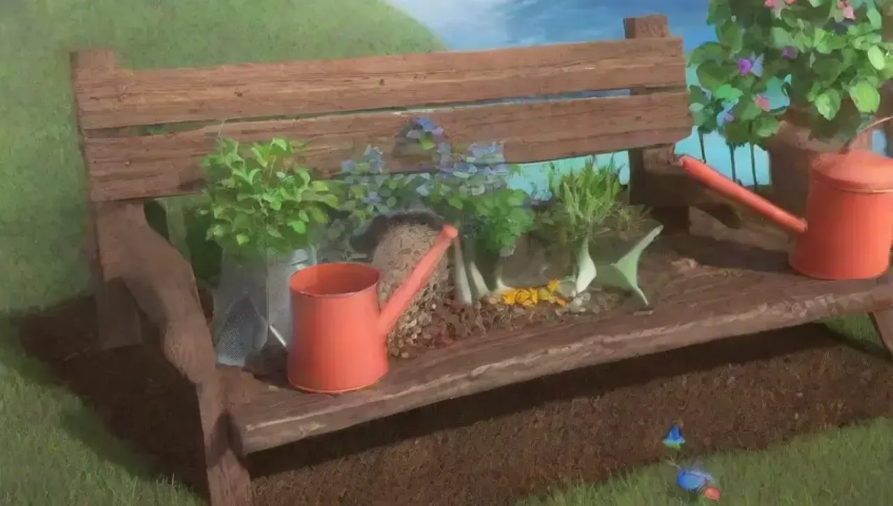 Un jardín vibrante y sereno lleno de vida y herramientas de jardinería