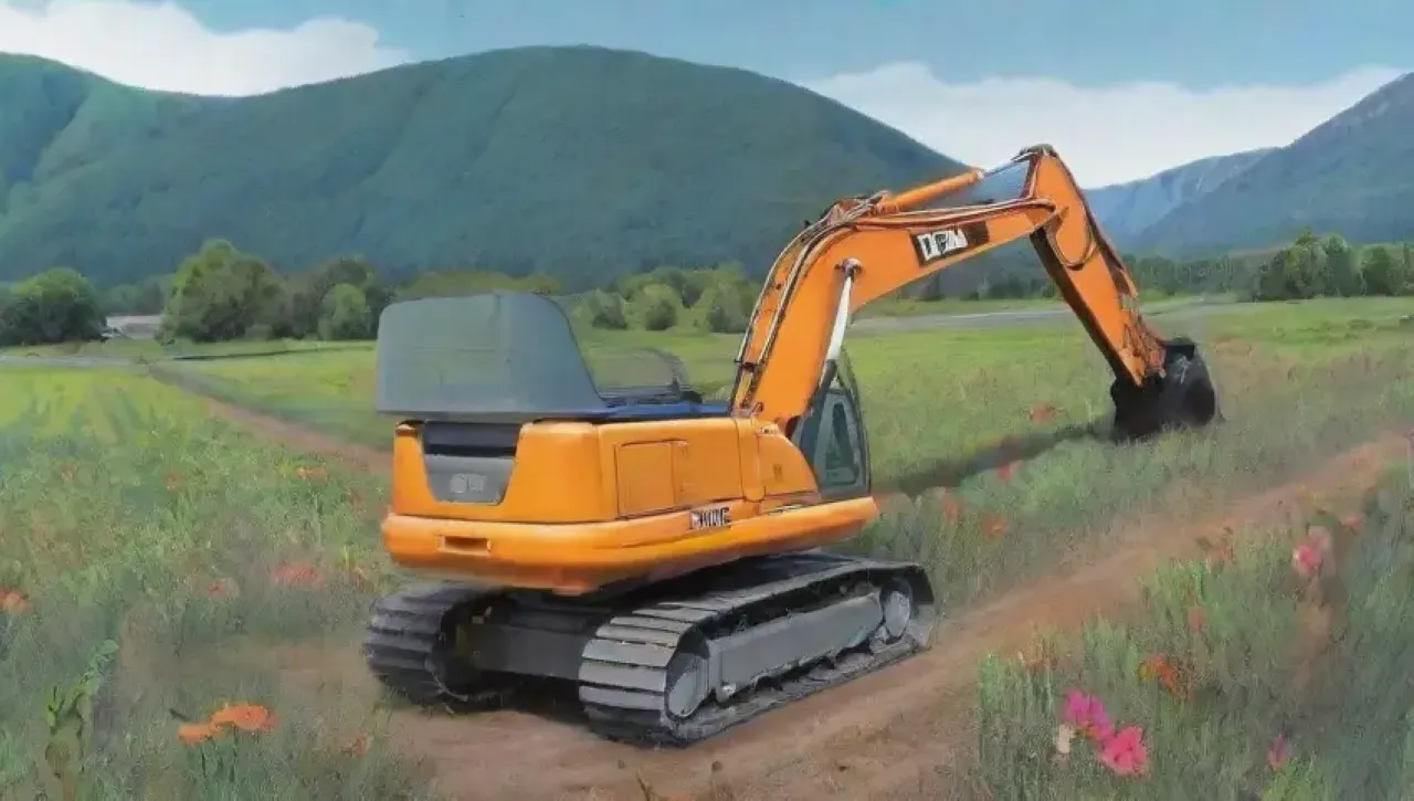 Maquinaria pesada en un paisaje verde y armonioso con tecnología sostenible