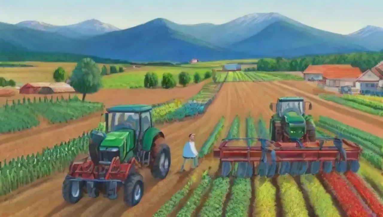 Campos verdes vibrantes con agricultores, tecnología innovadora y productos frescos en un entorno comunitario