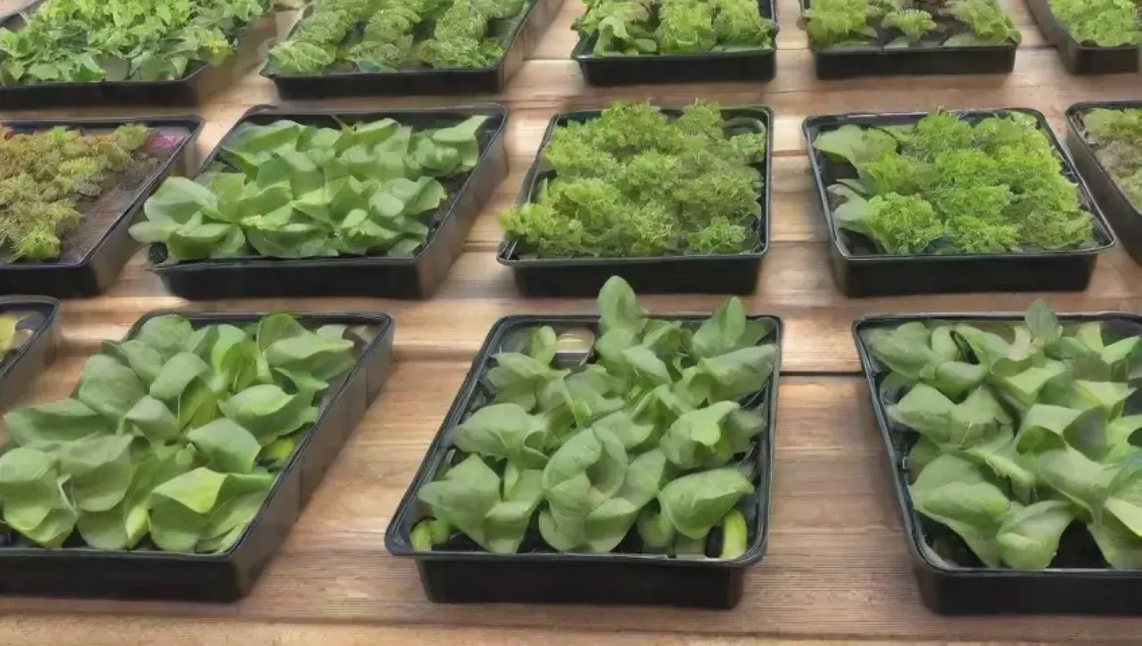 Un vibrante huerto urbano con lechugas, albahaca, tomates y un mercado lleno de vida