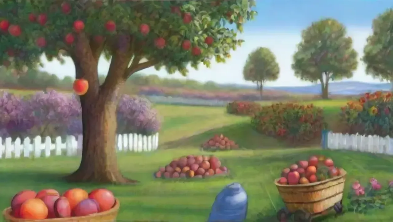 Un huerto vibrante con árboles frutales, flores delicadas y una armonía de colores