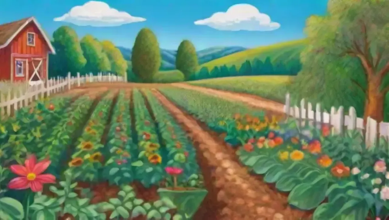 Un paisaje agrícola vibrante y lleno de vida, con campos verdes, flores, insectos y la promesa de una cosecha abundante
