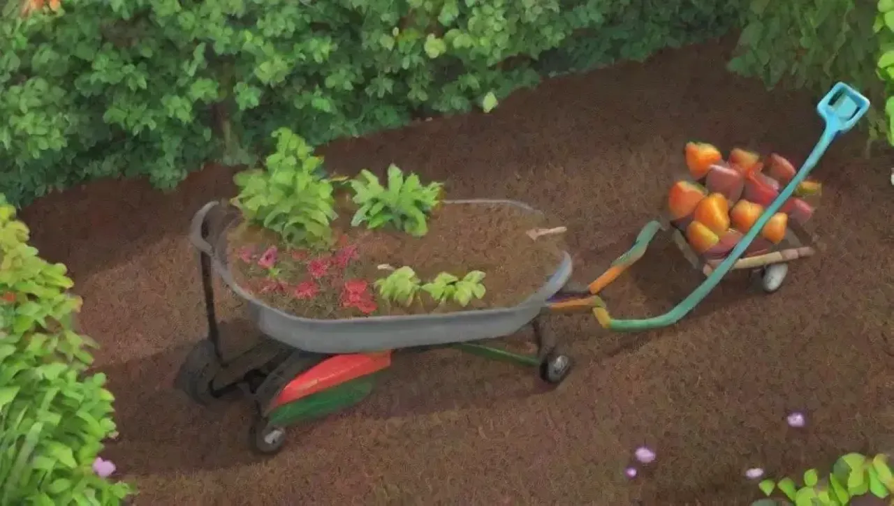 Un jardín vibrante con herramientas de jardinería, flores, mariposas y un ambiente armonioso