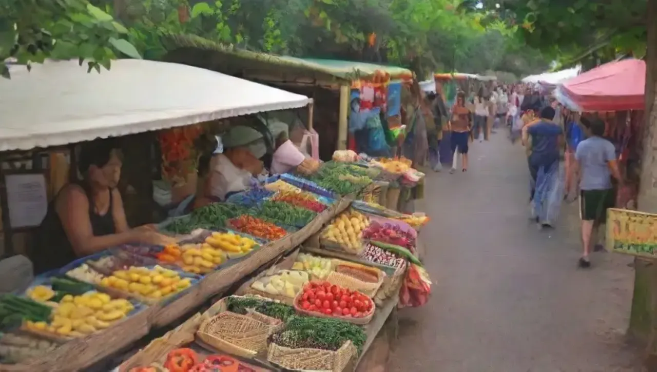 Un mercado vibrante lleno de productos frescos, artesanías, risas y un sentido de comunidad