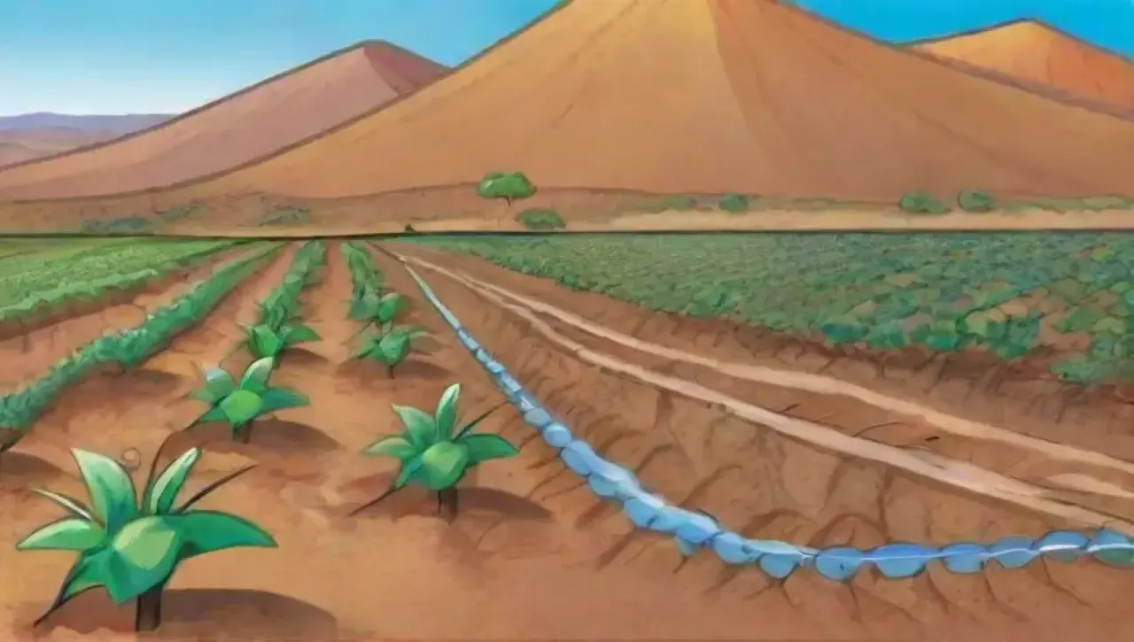 Un paisaje árido con vegetación escasa, riego por goteo y signos de esperanza en medio de la sequedad