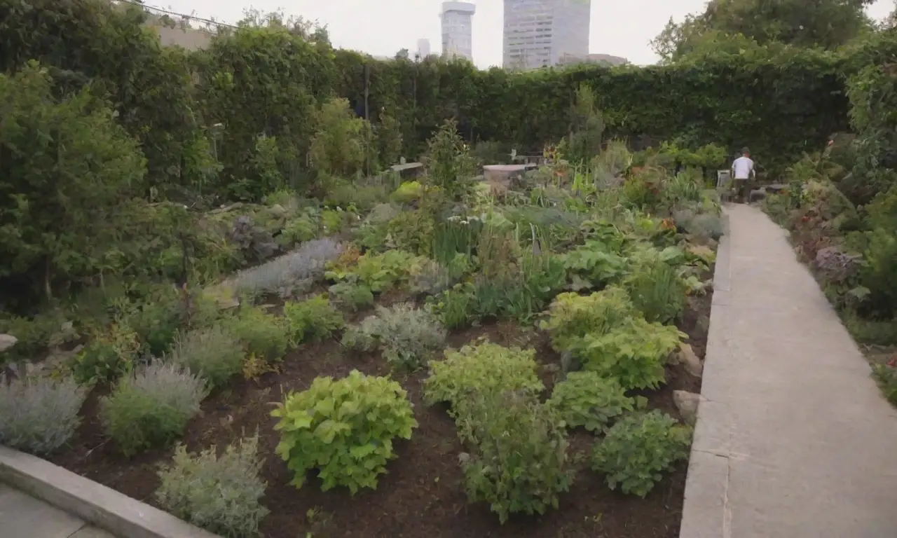 Jardines urbanos con plantas diversas y colaboración comunitaria para prácticas sostenibles