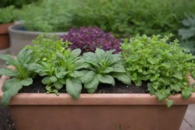 Jardín vibrante con hierbas y vegetales sanos