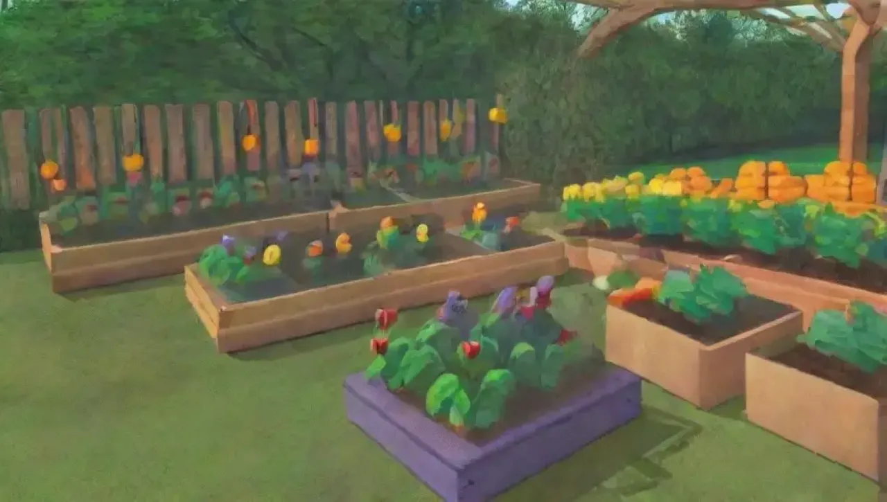 Un jardín vibrante lleno de frutas, flores y vida