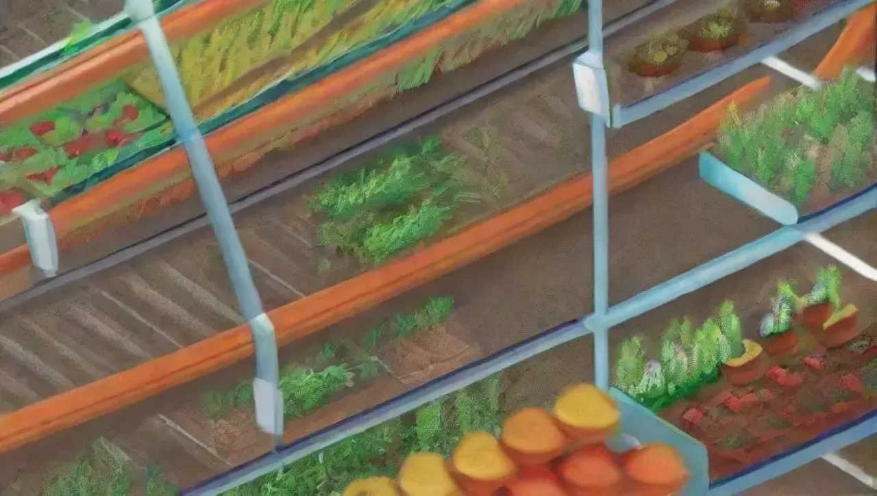 Una granja vertical verde y vibrante con plantas, tecnología sostenible y un ambiente armonioso en un entorno urbano