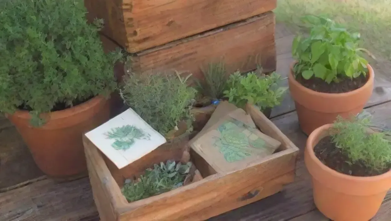 Un jardín vibrante y sereno lleno de hierbas, flores y luz natural