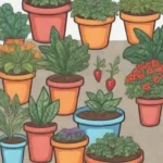 Jardín colorido con plantas en macetas