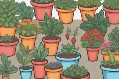 Jardín colorido con plantas en macetas