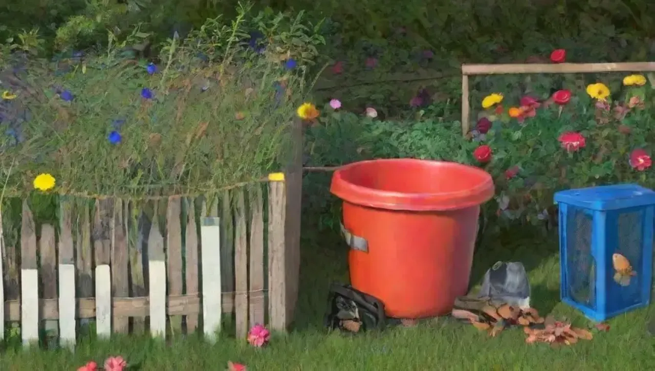 Un compostero verde vibrante en un jardín soleado, rodeado de flores y con un ambiente tranquilo