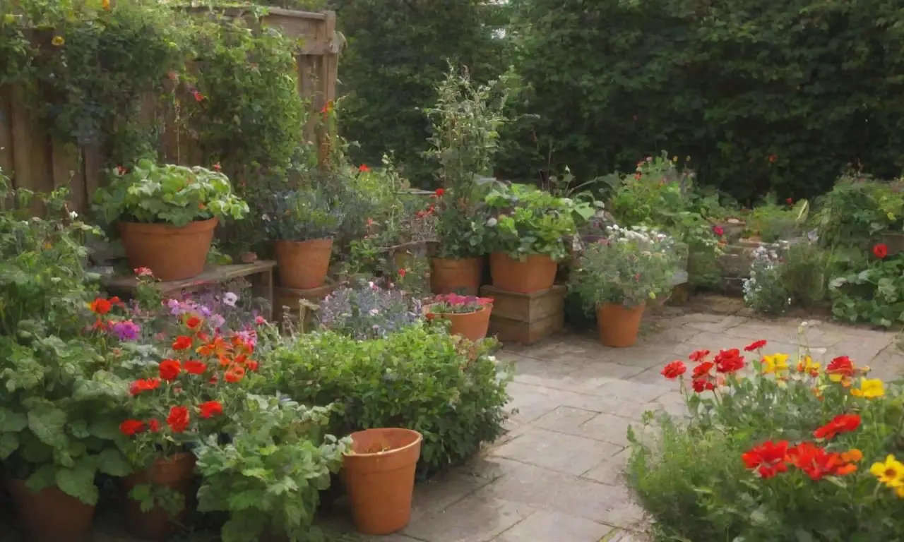 Un jardín vibrante con huertos verticales, flores coloridas y plantas repelentes de plagas