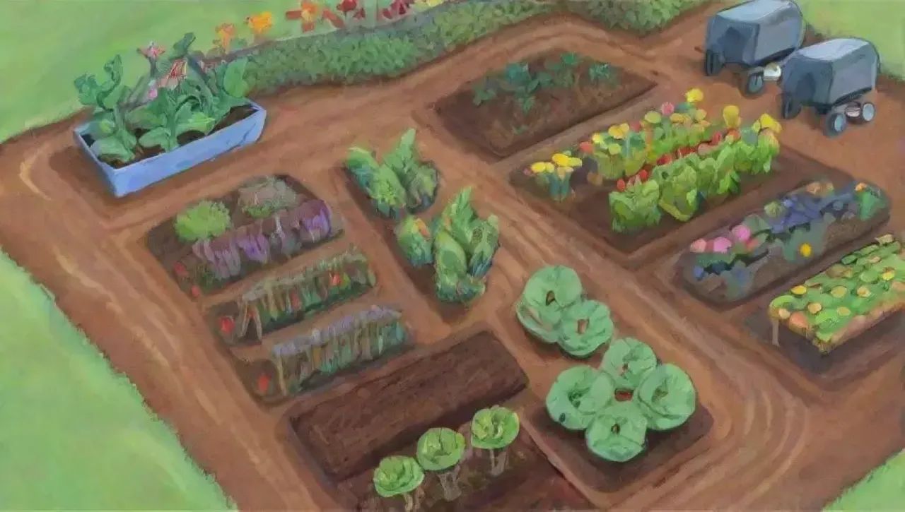 Un jardín vibrante y lleno de vida con vegetales, flores, insectos y un ambiente pacífico