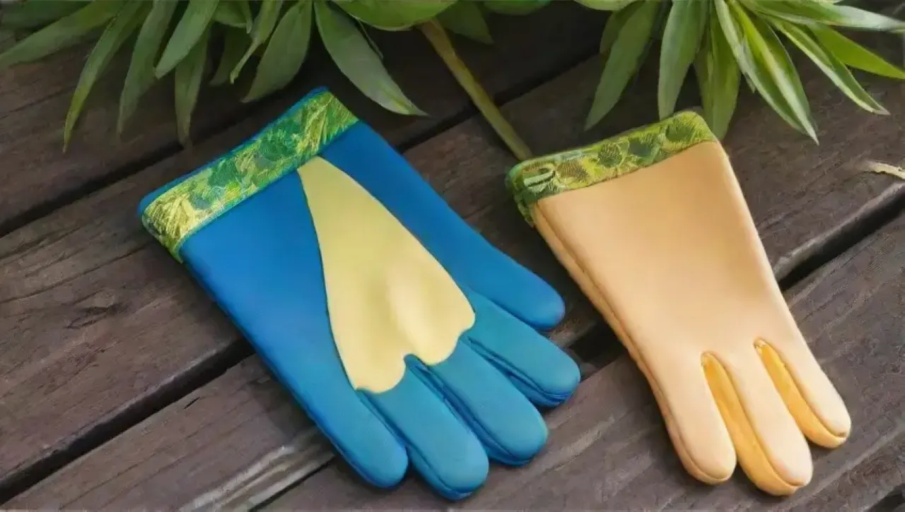 Guantes de diferentes materiales y colores en un jardín sereno