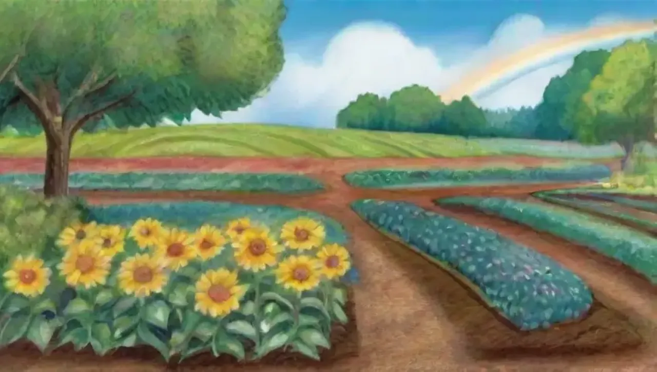 Un paisaje vibrante de campos verdes, flores coloridas y tecnología agrícola en armonía