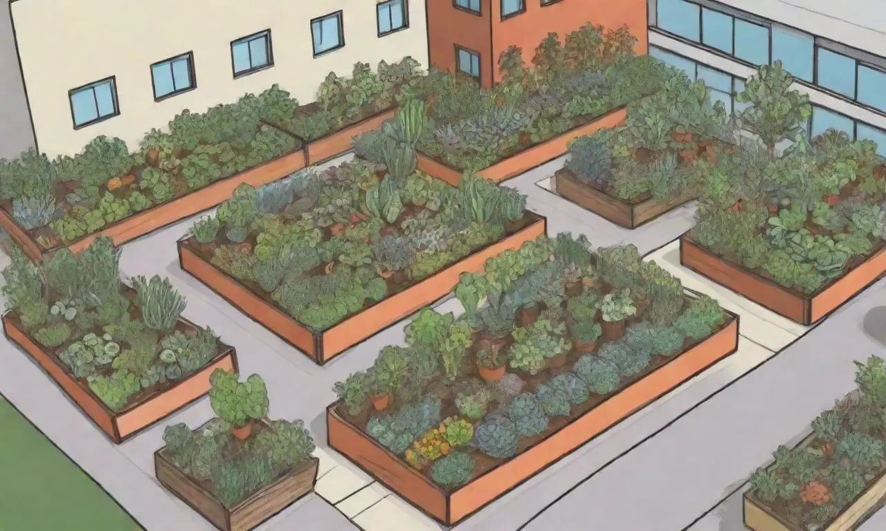 Jardinería urbana sostenible en techos con selección de plantas y participación comunitaria