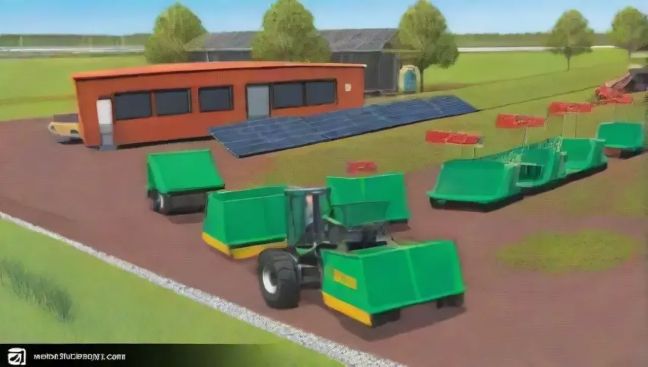 Maquinaria pesada ecológica en un paisaje verde y tecnológico