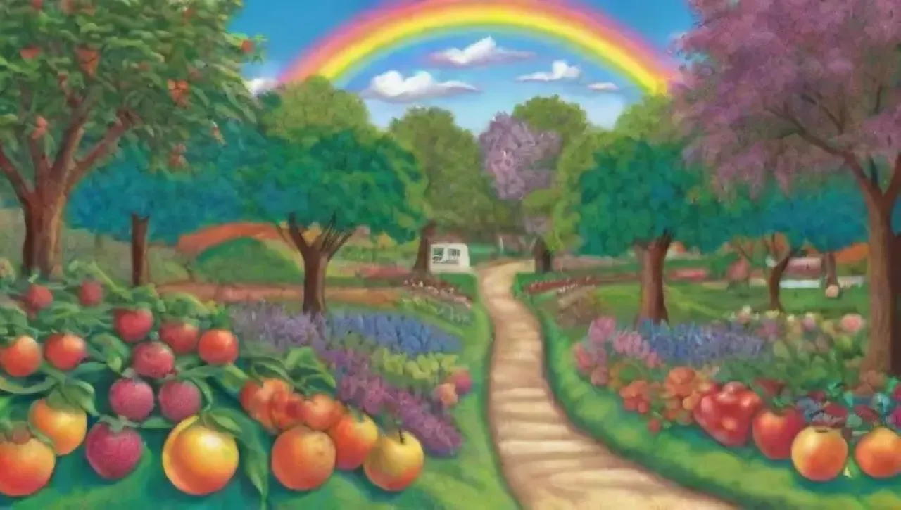 Un jardín vibrante con árboles frutales, flores, polinizadores y abundancia de frutas