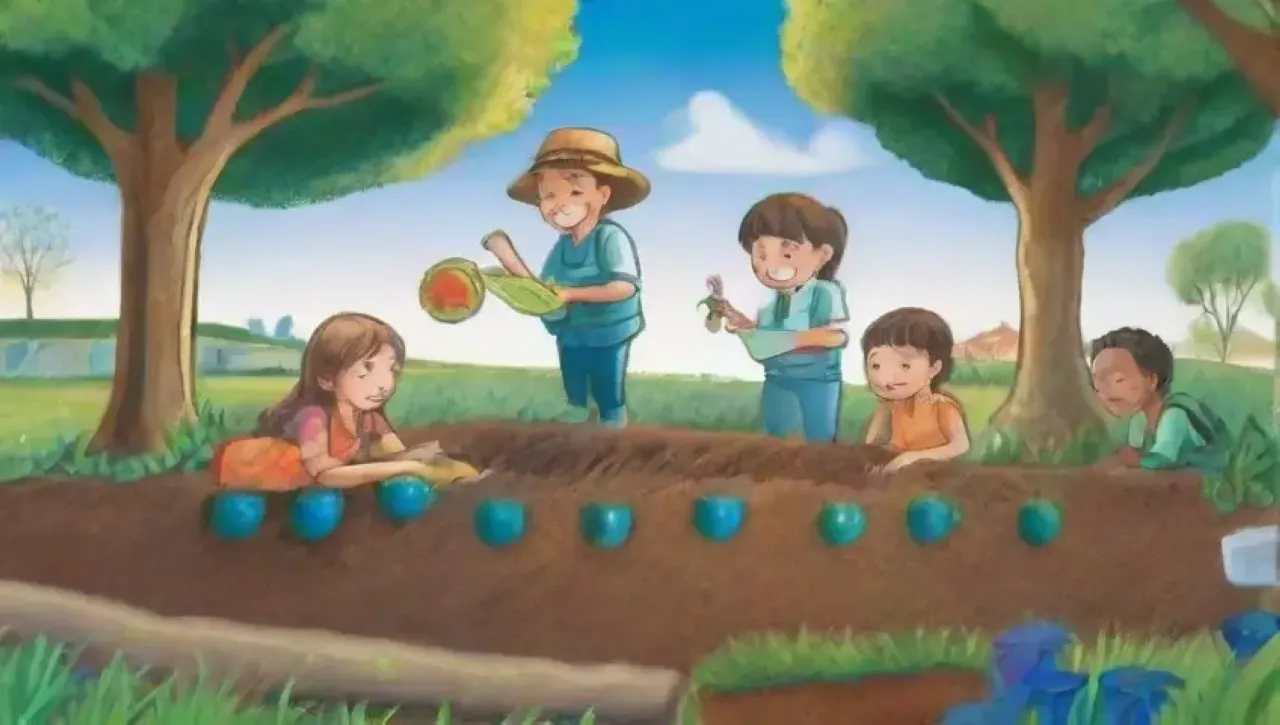 Un paisaje vibrante de sostenibilidad con campos verdes, agua, talleres, y comunidad activa