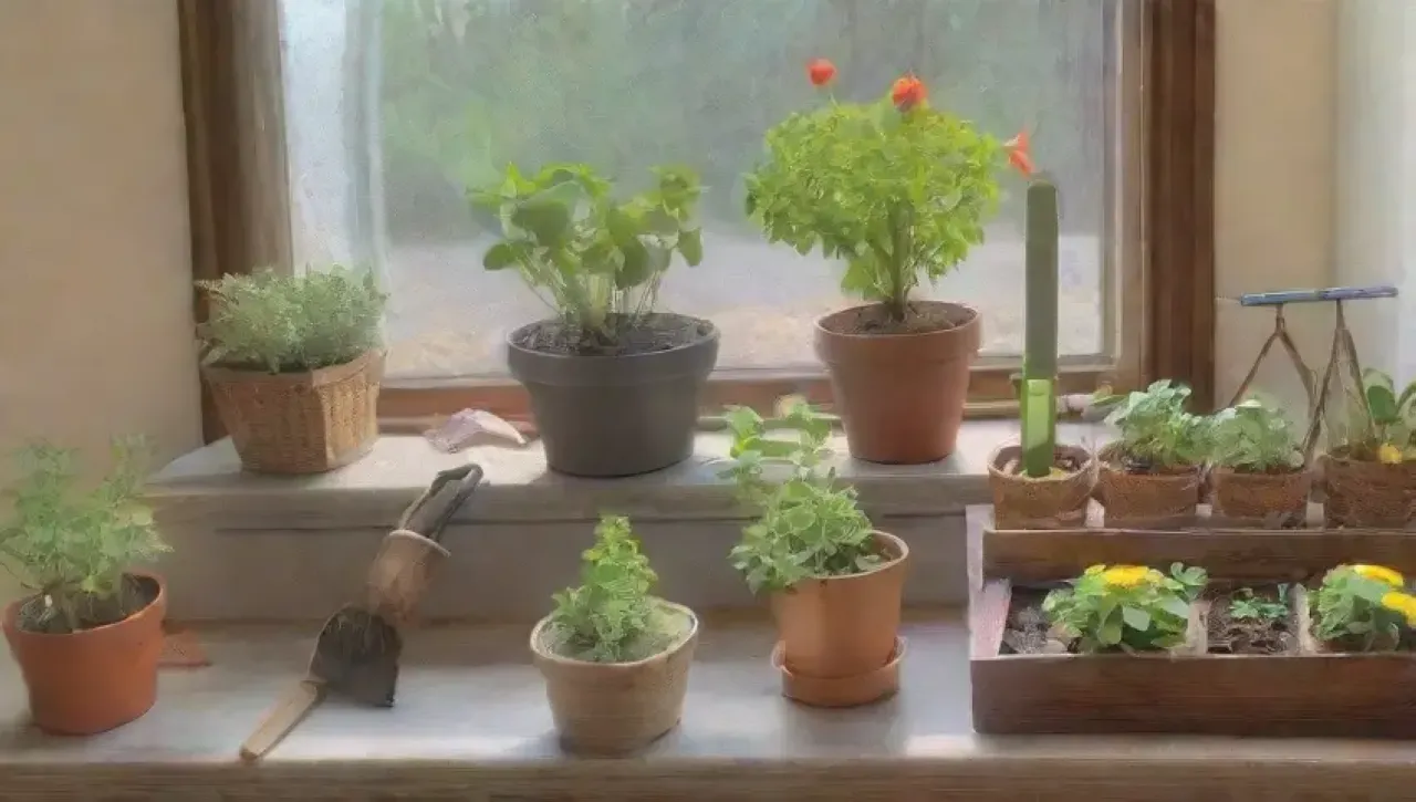 Un jardín vibrante y acogedor lleno de plantas, herramientas y tranquilidad