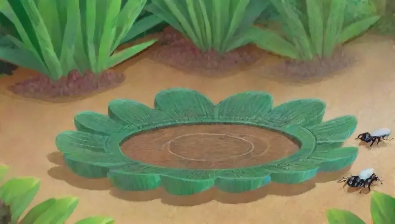 Un fondo vibrante muestra un trampa de feromonas con insectos atrapados, reflejos brillantes y un jardín verde de fondo
